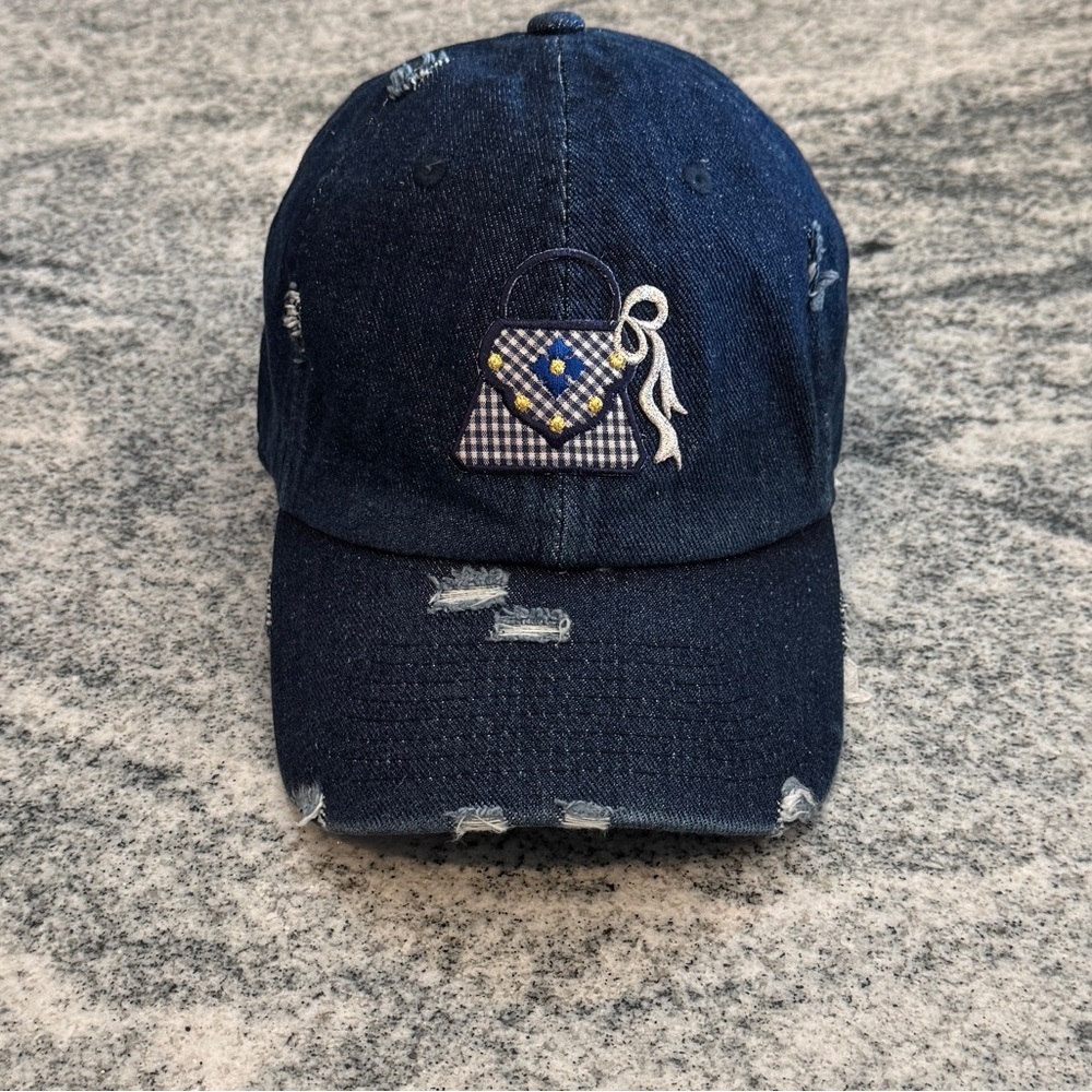 New Custom Designed Blue Distressed Baseball Cap with Embroidered Handbag Patch